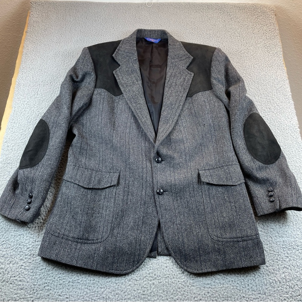 Pendleton Western Jacket Men’s 44Gray Tweed Wool Suede Elbow Patch Blazer Vtg